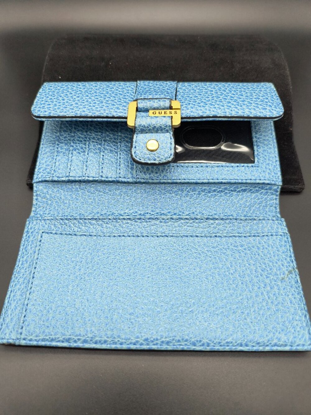 Guess Vintage Light Blue Pebbled Leather Wallet Gold Tone Snap Closure